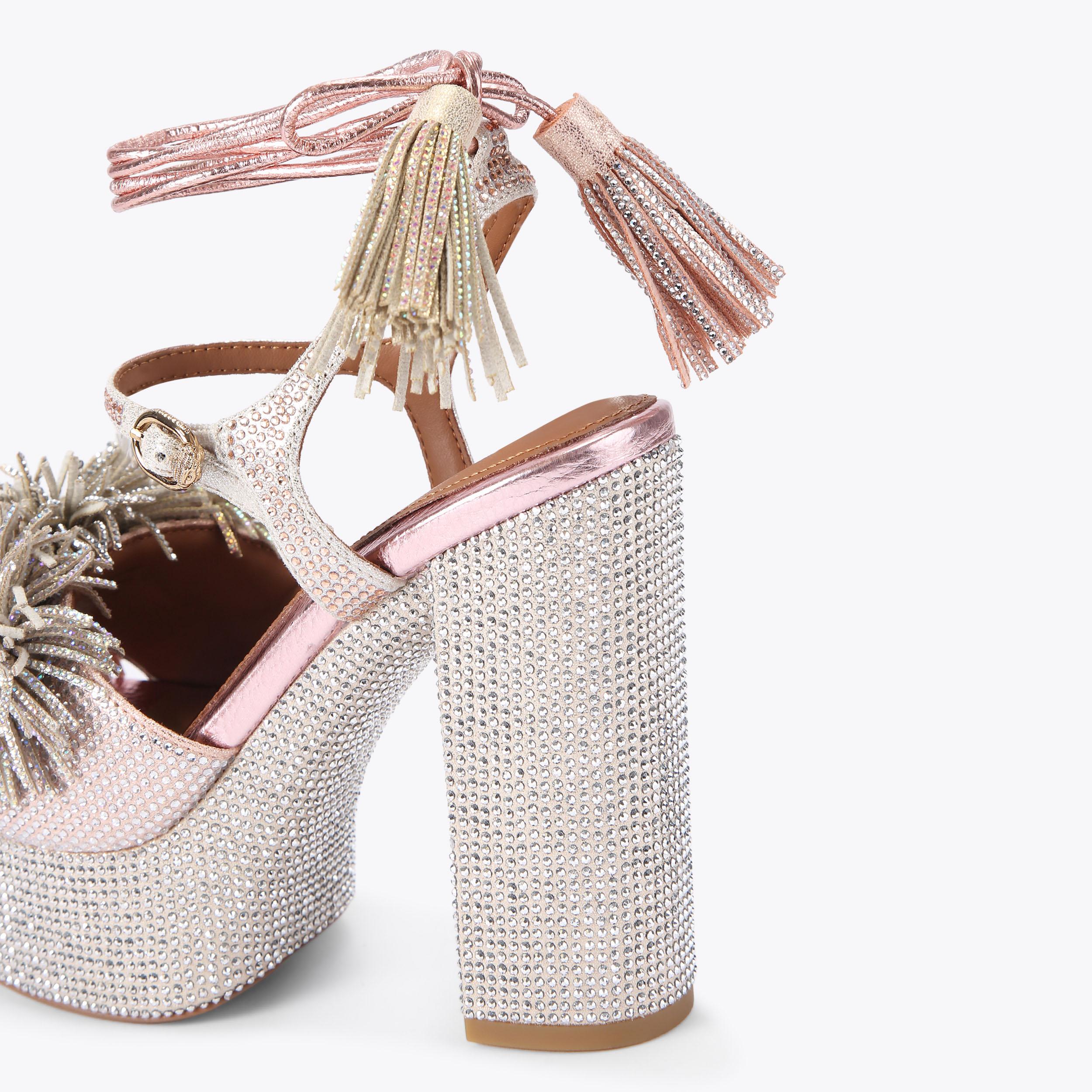 Pom Pom Tie Platform — Metallic Pastel Suede Sandal, detail