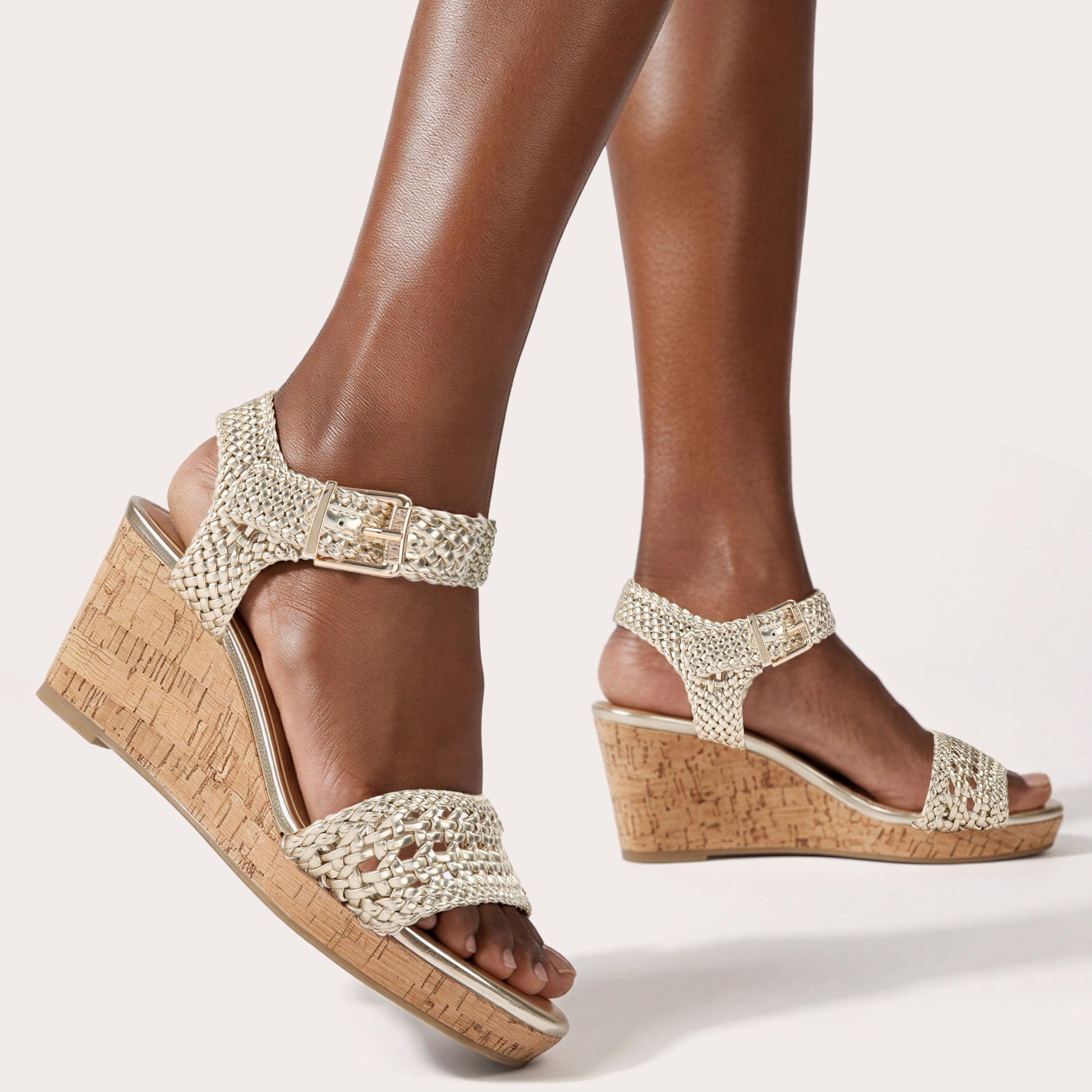 Portofino Wedge — Gold Braided Sandal, worn on foot