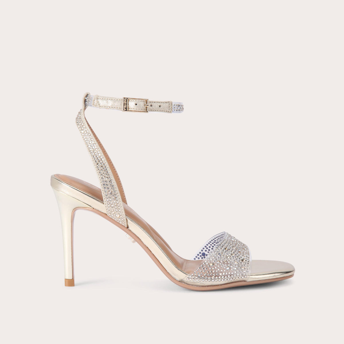 Positano Vinyl — Gold Crystal Heeled Sandal, side profile