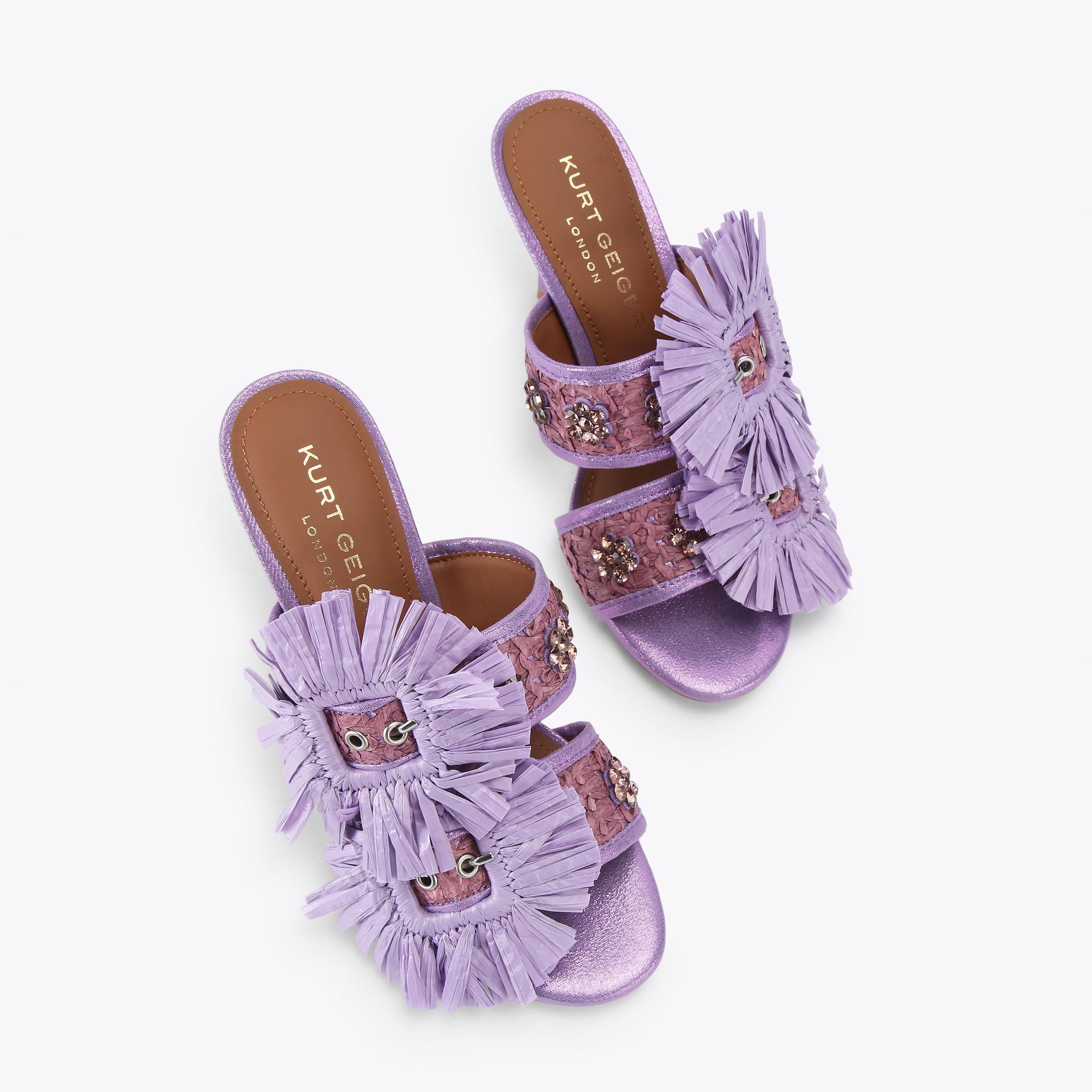 Raffia Buckle Heel — Lilac Metallic Sandal, view 4