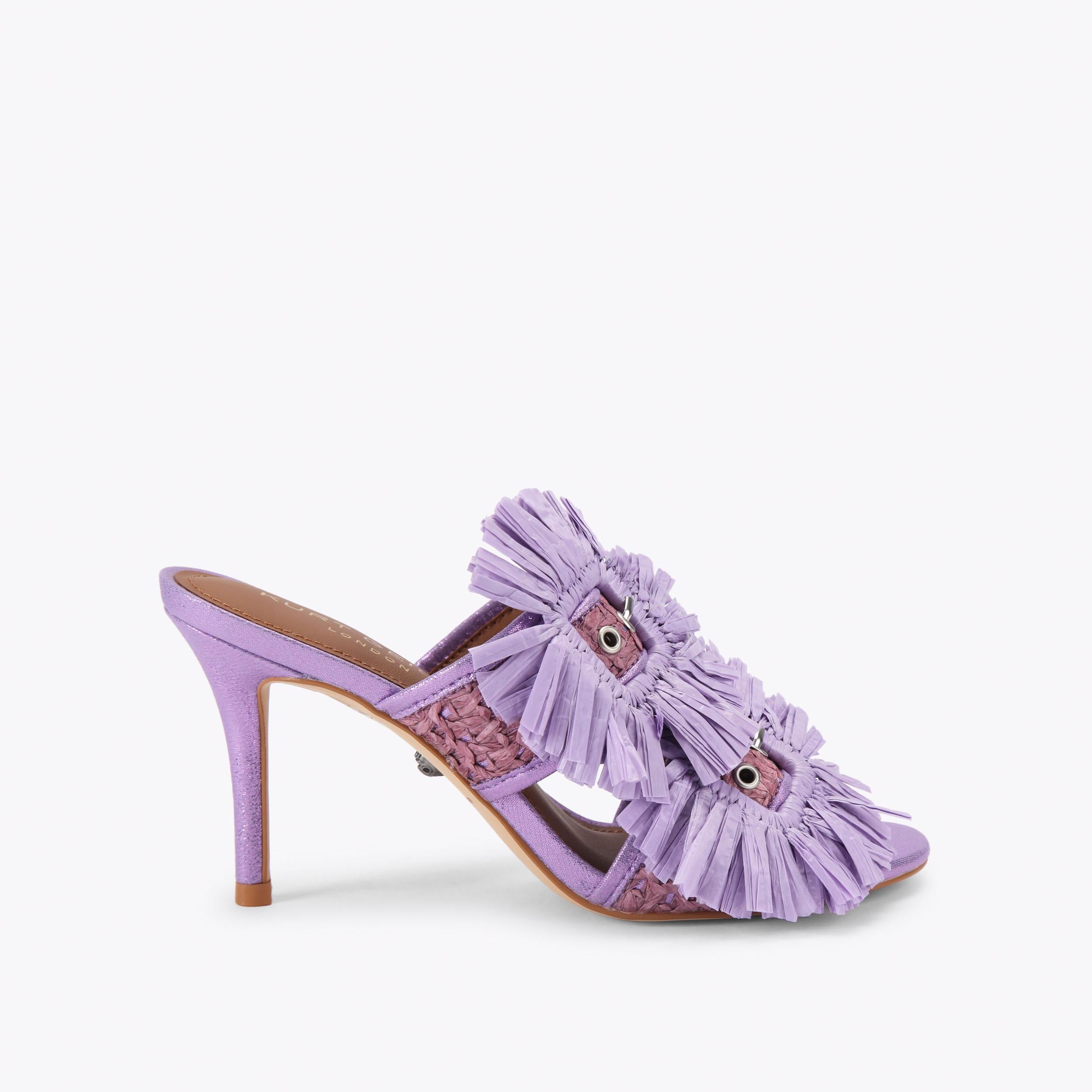 Raffia Buckle Heel — Lilac Metallic Sandal, side profile