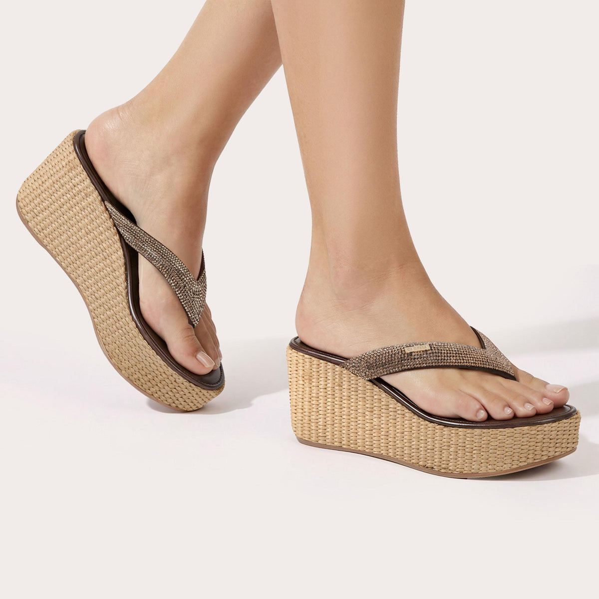 Riviera Flatform — Brown Crystal Sandal, worn on foot