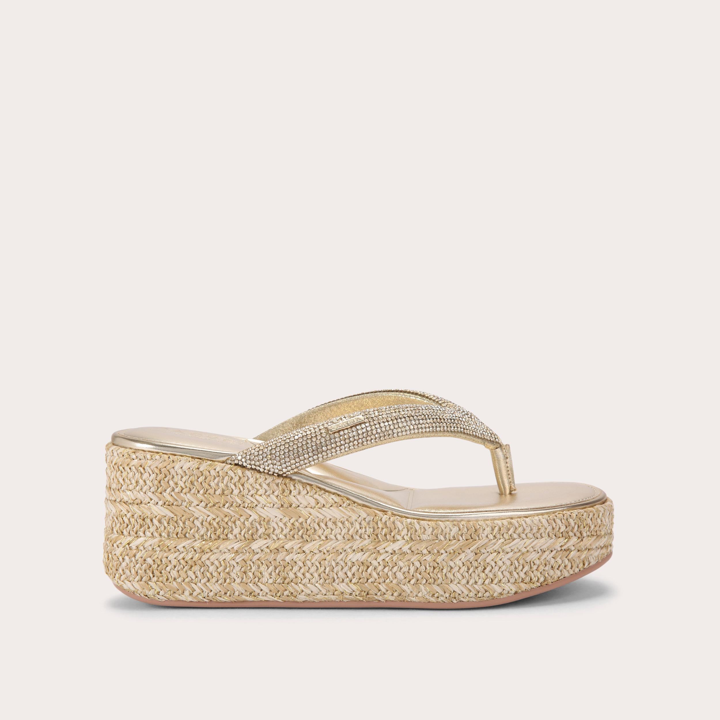 Riviera Flatform — Gold Crystal Toe-Post Sandal, side profile