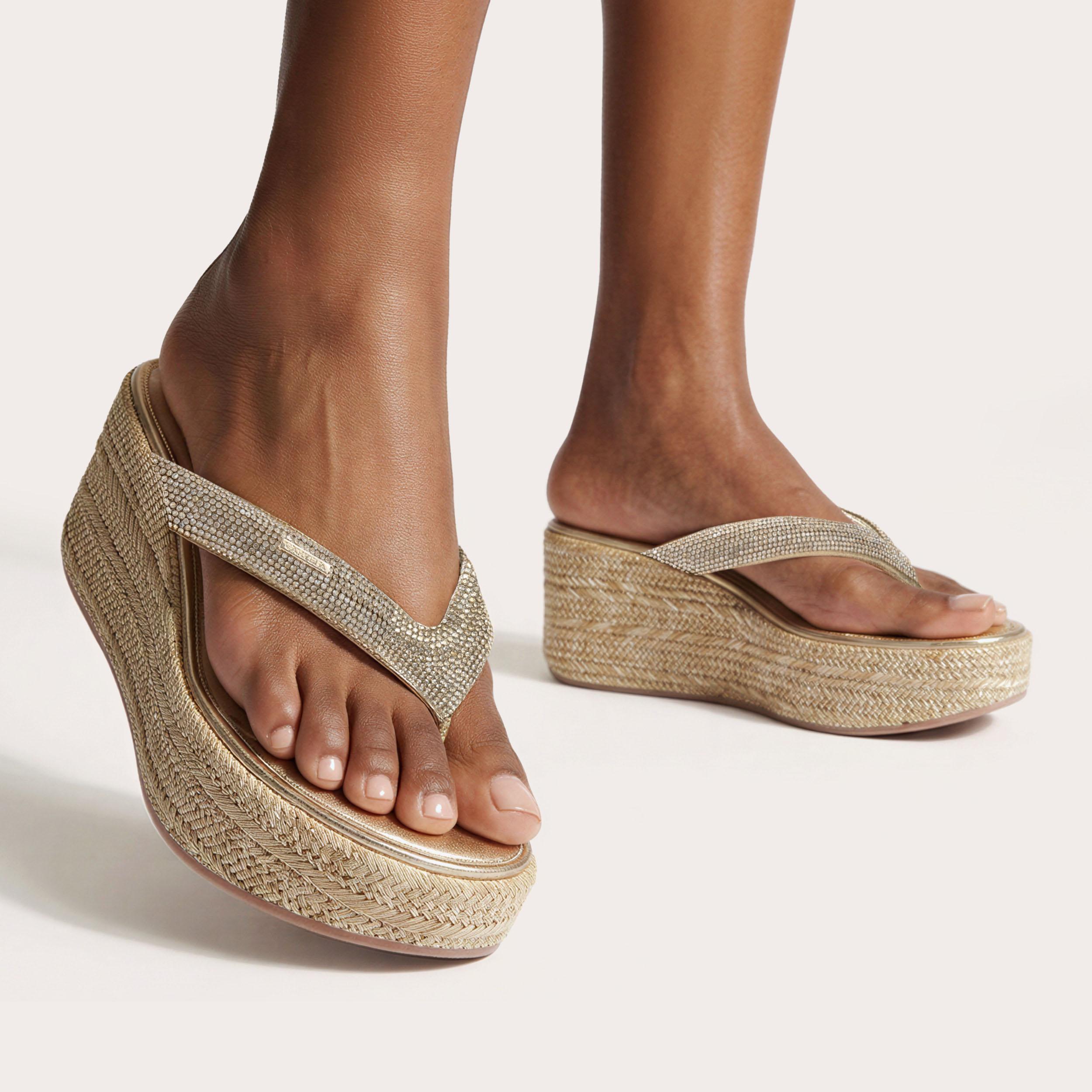 Riviera Flatform — Gold Crystal Toe-Post Sandal, worn on foot
