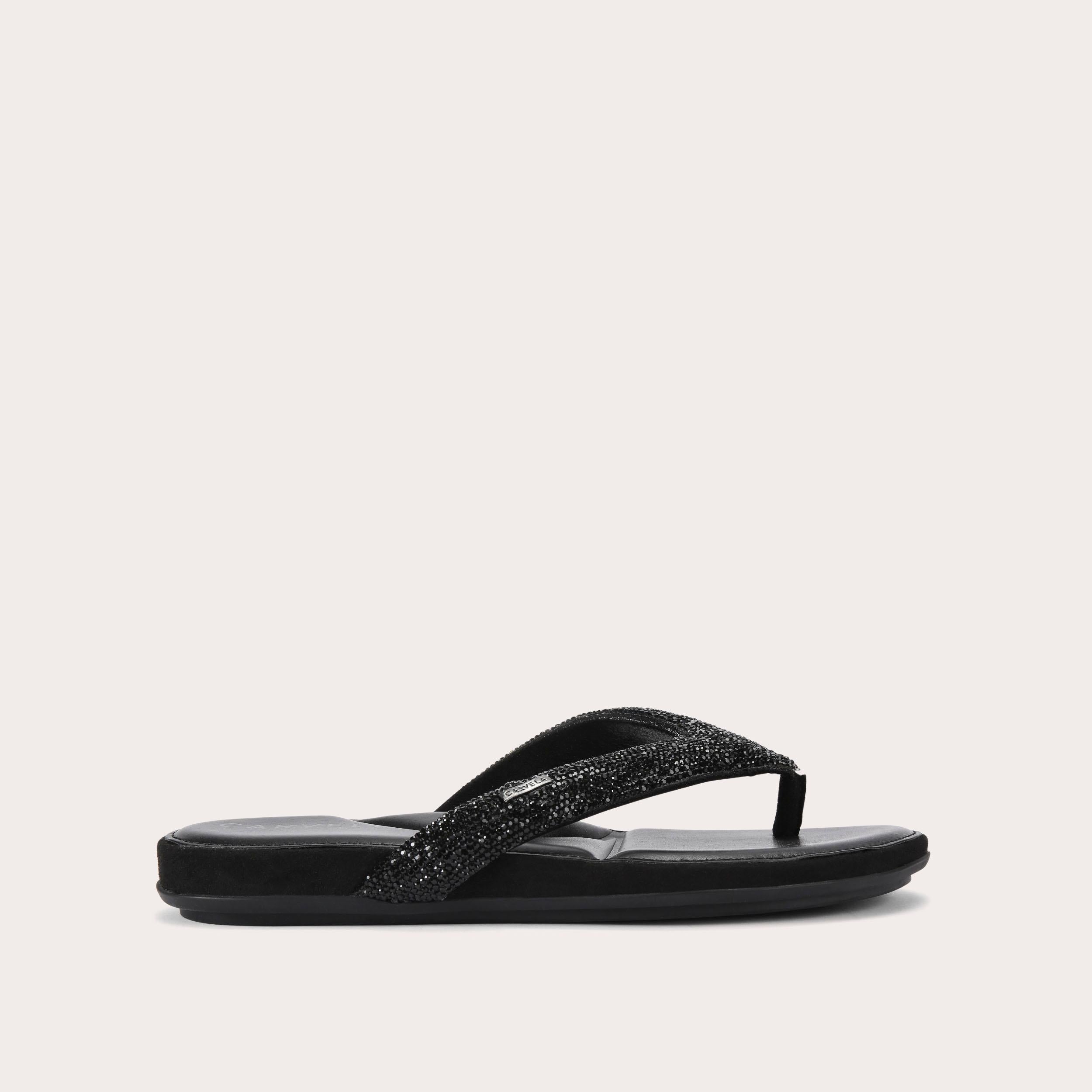 Riviera Jewel — Black Crystal Toe-Post Sandal, side profile