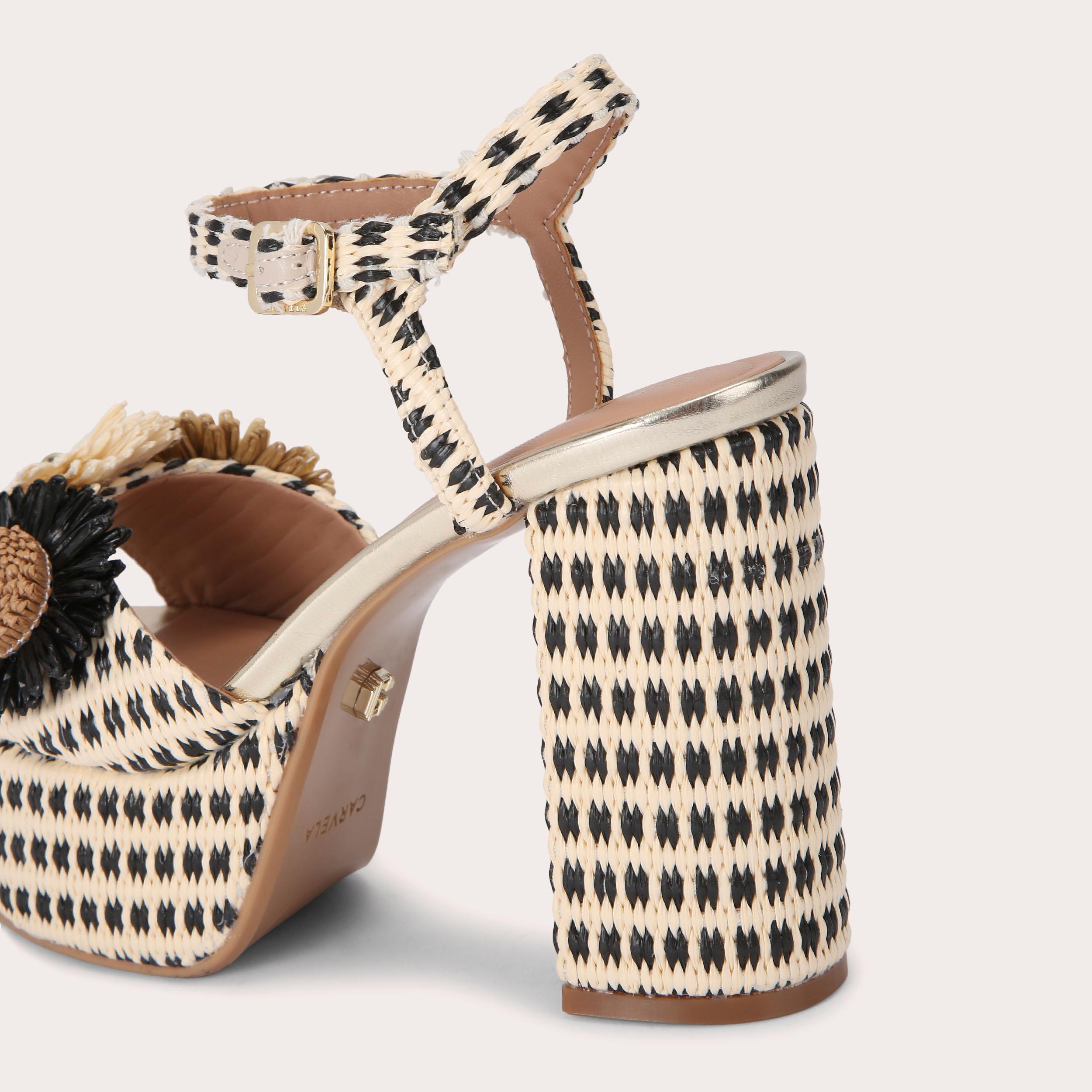 Sorrento Flower Platform — Black and Beige Raffia Heel, detail
