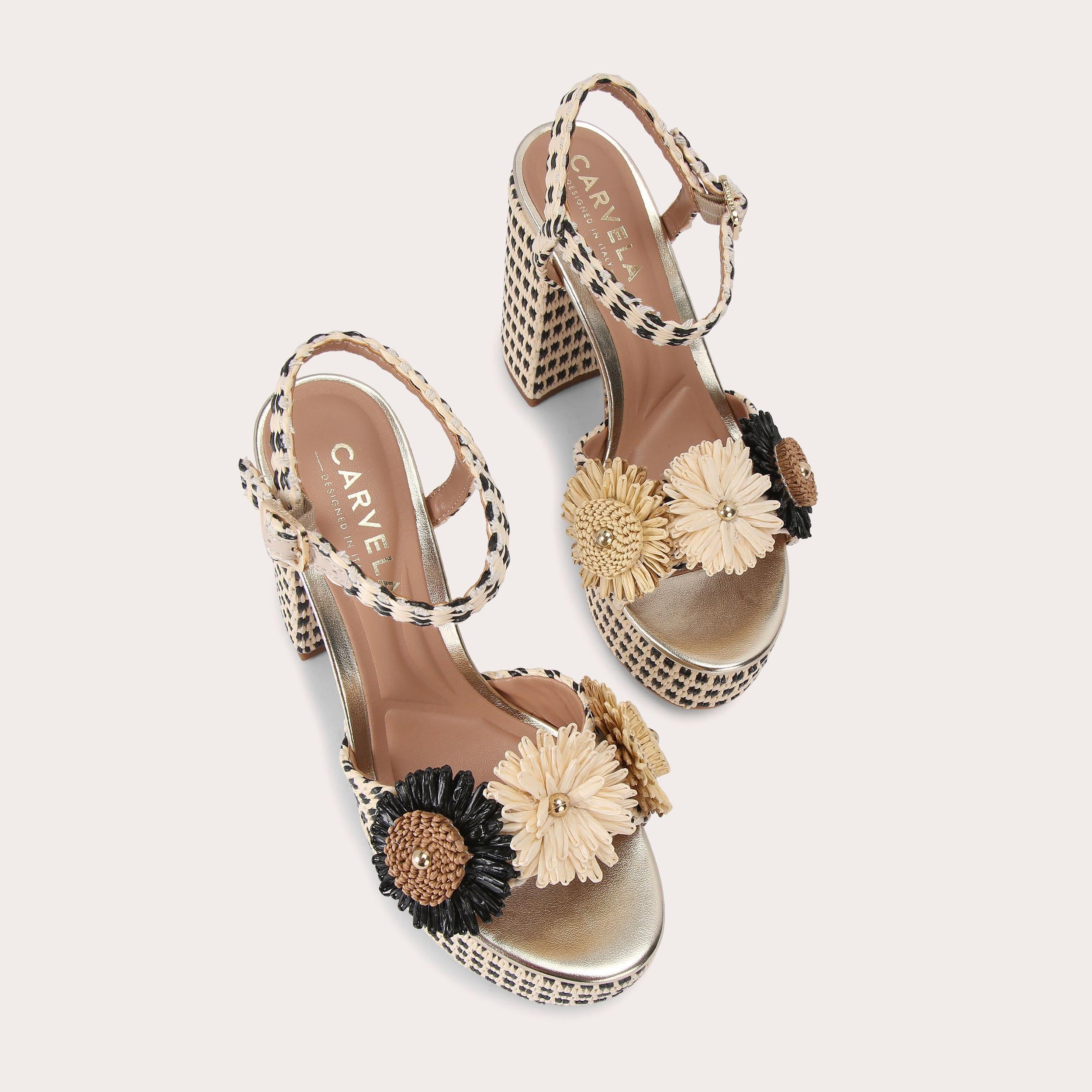 Sorrento Flower Platform — Black and Beige Raffia Heel, view 4