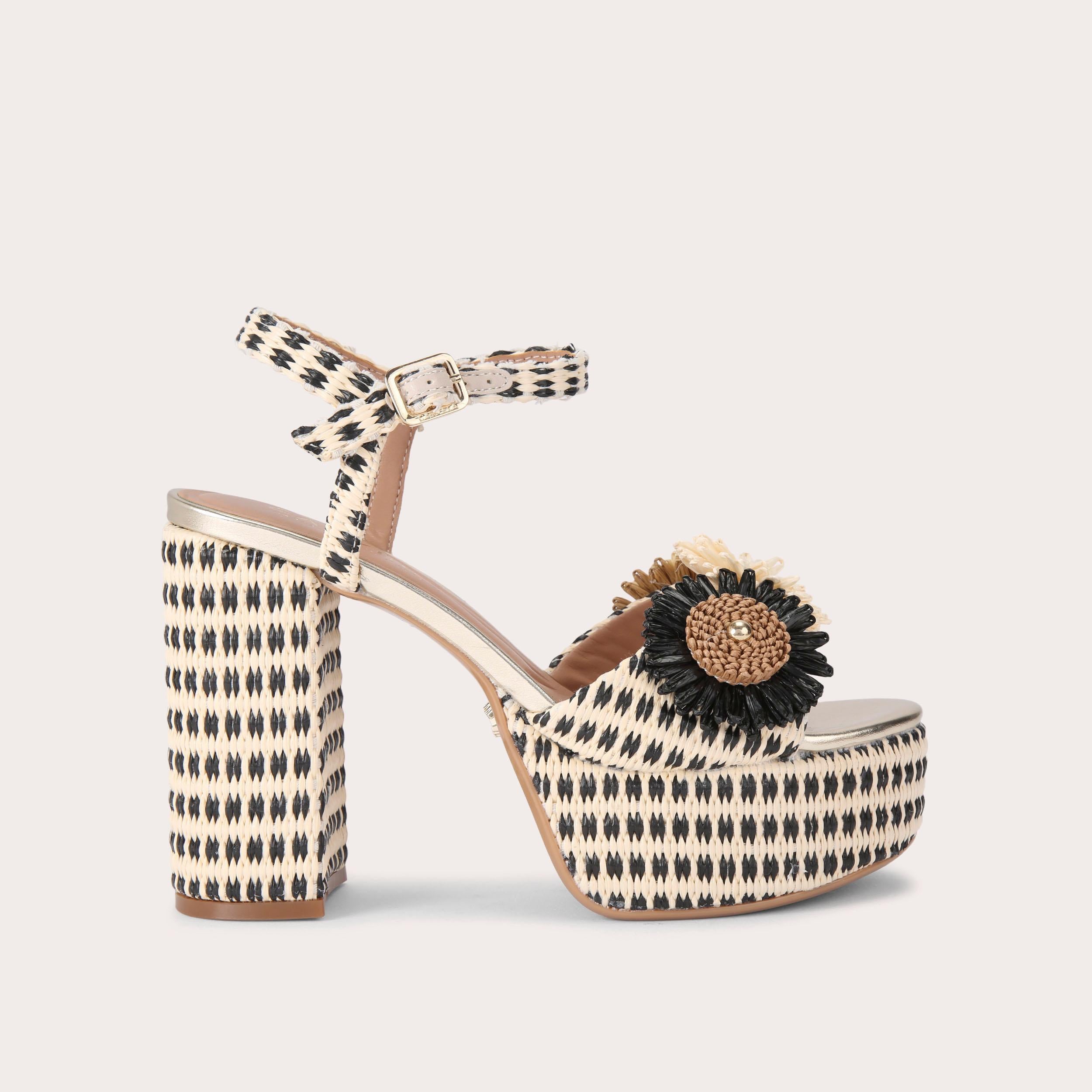 Sorrento Flower Platform — Black and Beige Raffia Heel, side profile