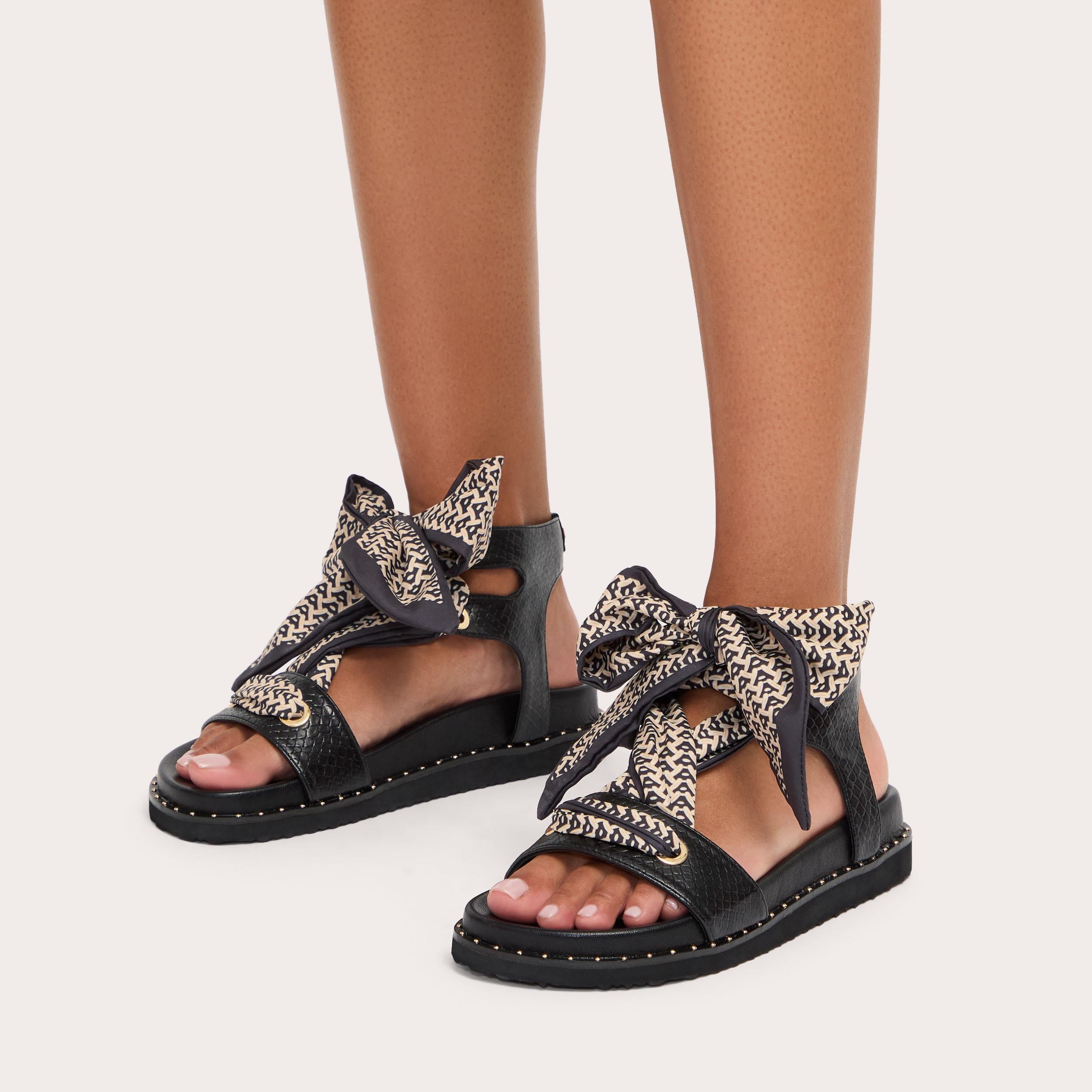 Sorrento Scarf Sandal — Black Lizard-Effect Sandal, side profile