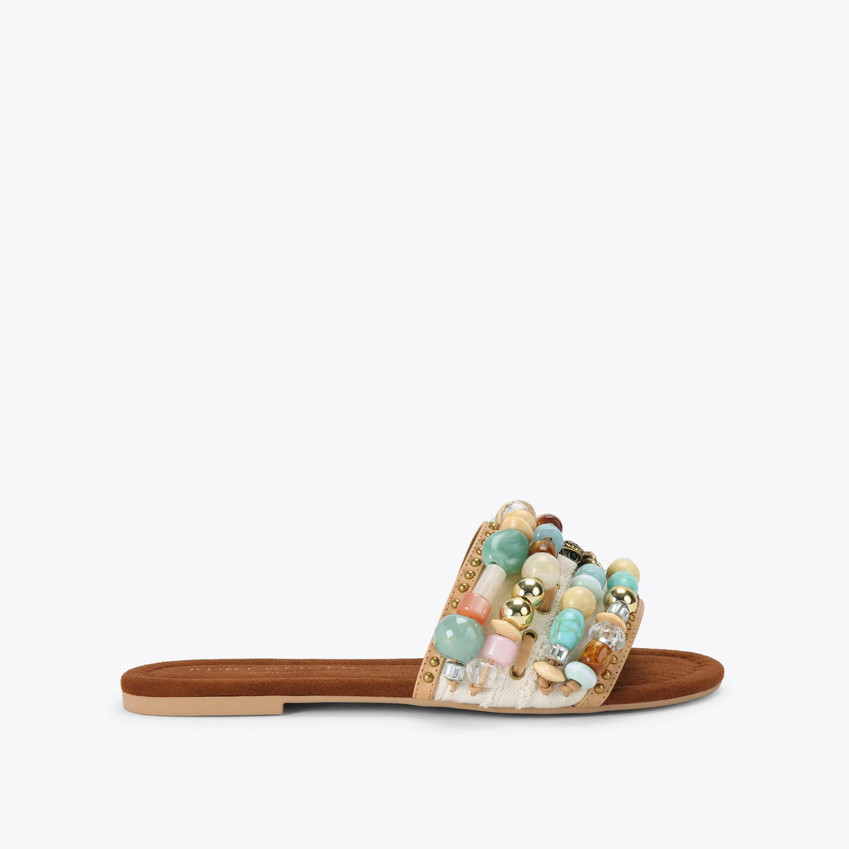 Southbank Beaded Flat — Cream Combination Fabric Leather Sandal, side profile