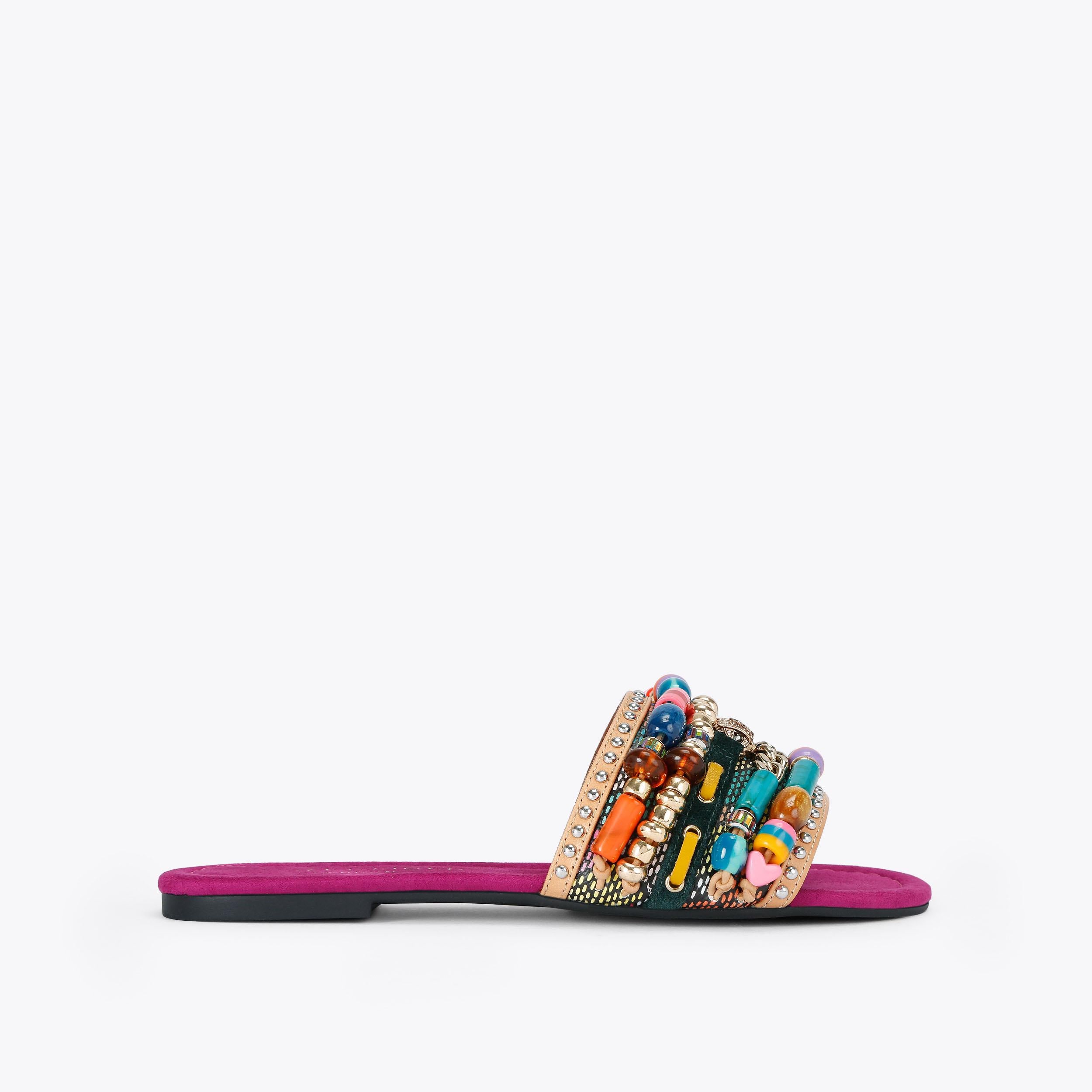 Southbank Beaded Flat — Fuchsia Combination Sandal, side profile