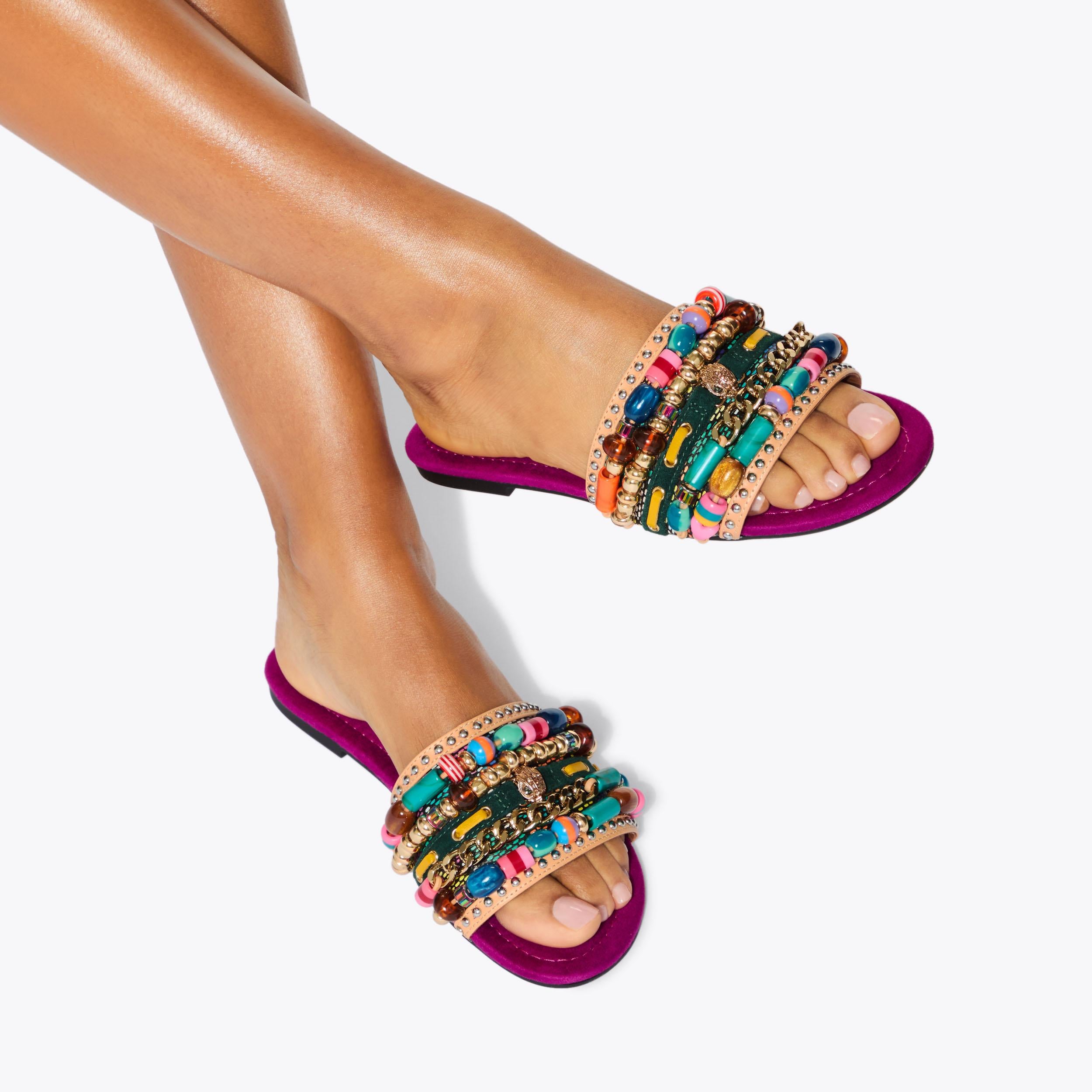 Southbank Beaded Flat — Fuchsia Combination Sandal, worn on foot