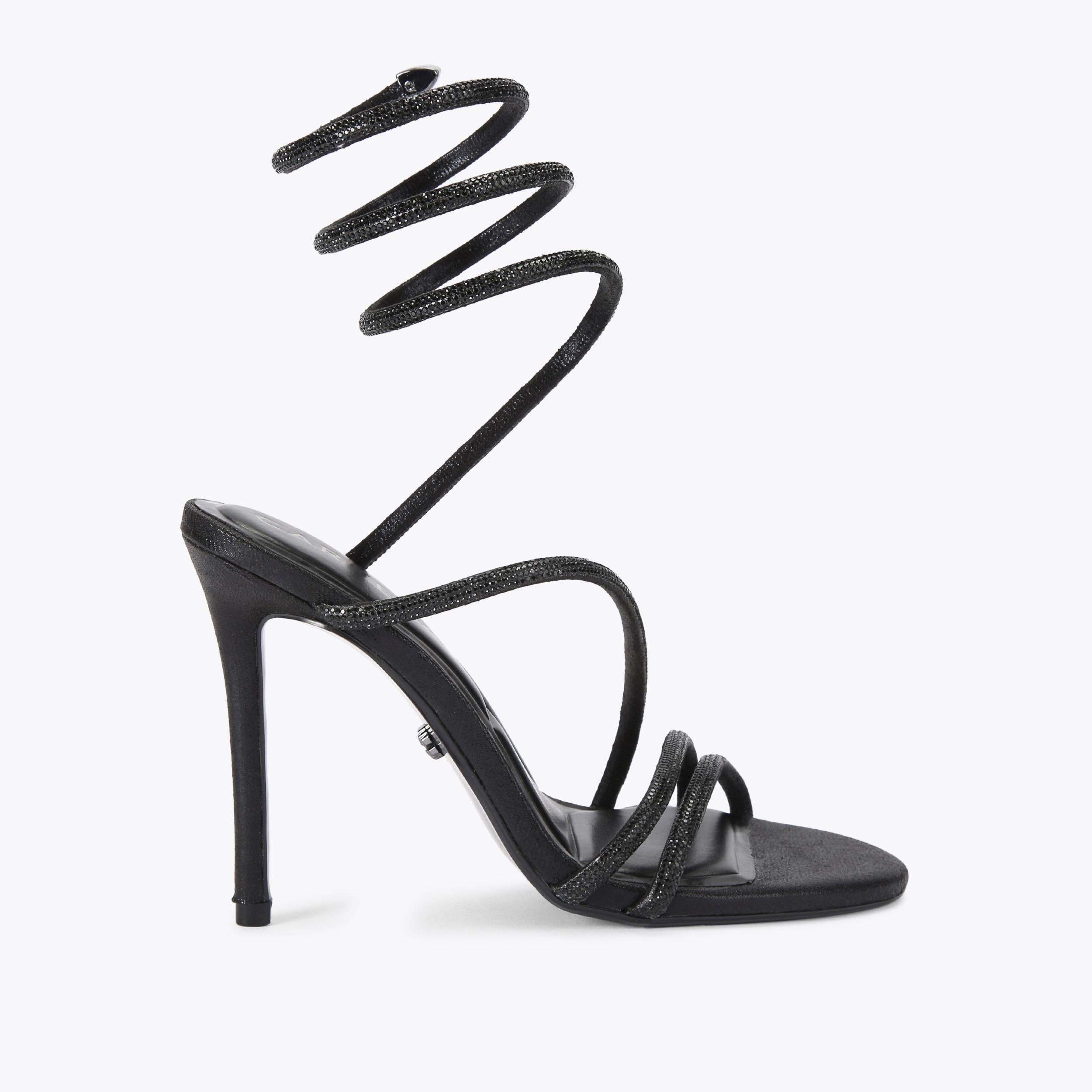 Spiral Heel — Black Crystal Sandal, side profile