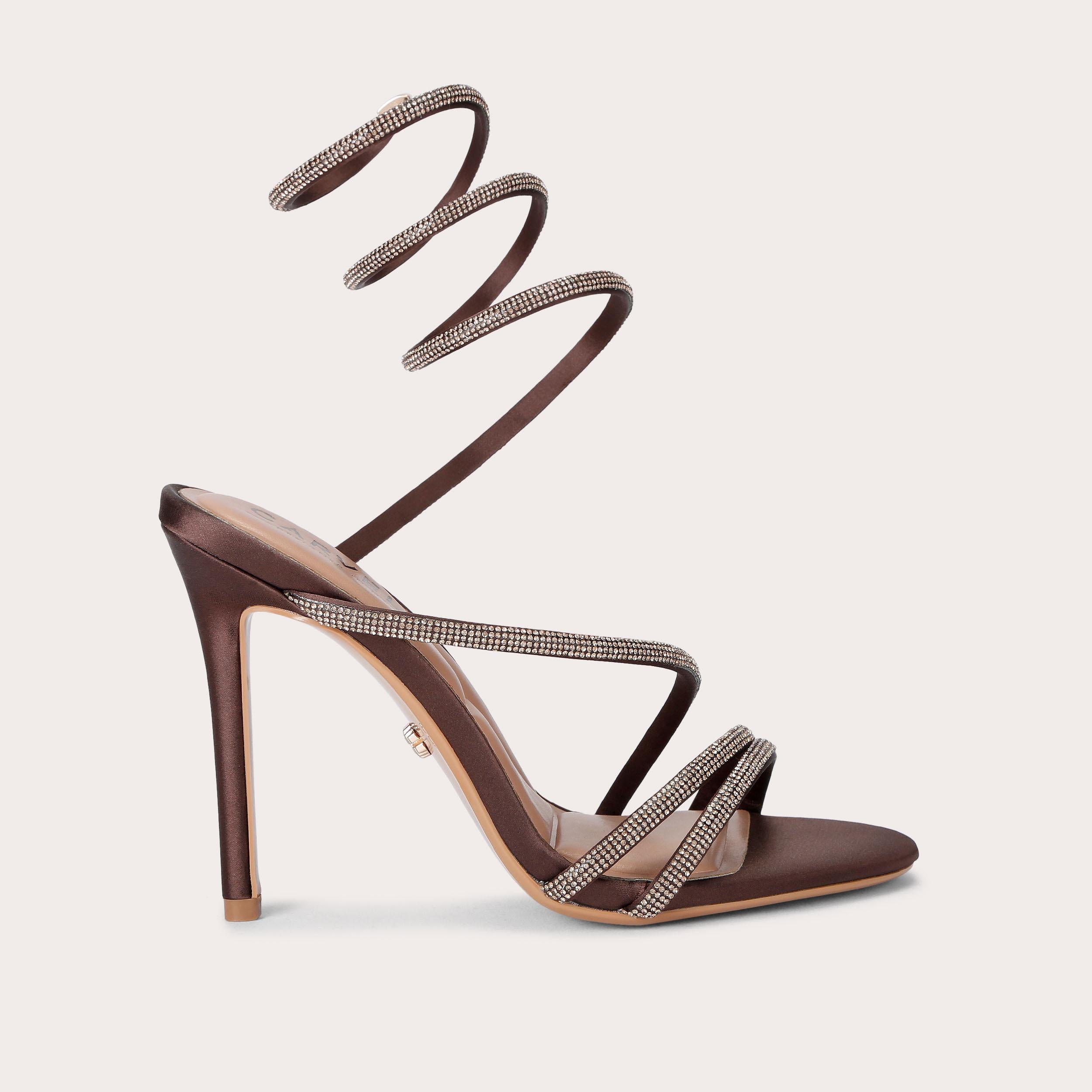 Spiral Heel — Brown Crystal Satin Sandal, side profile