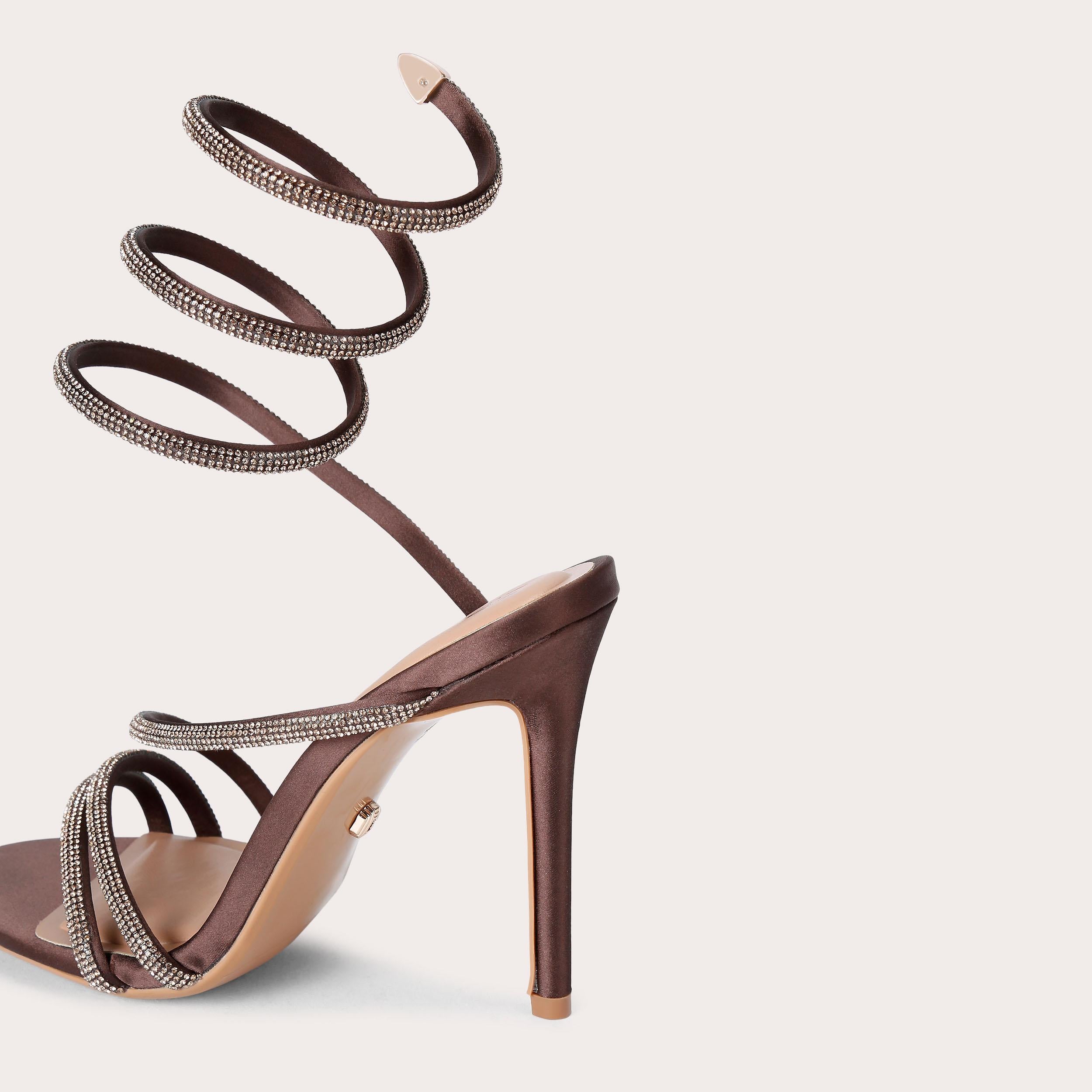 Spiral Heel — Brown Crystal Satin Sandal, detail
