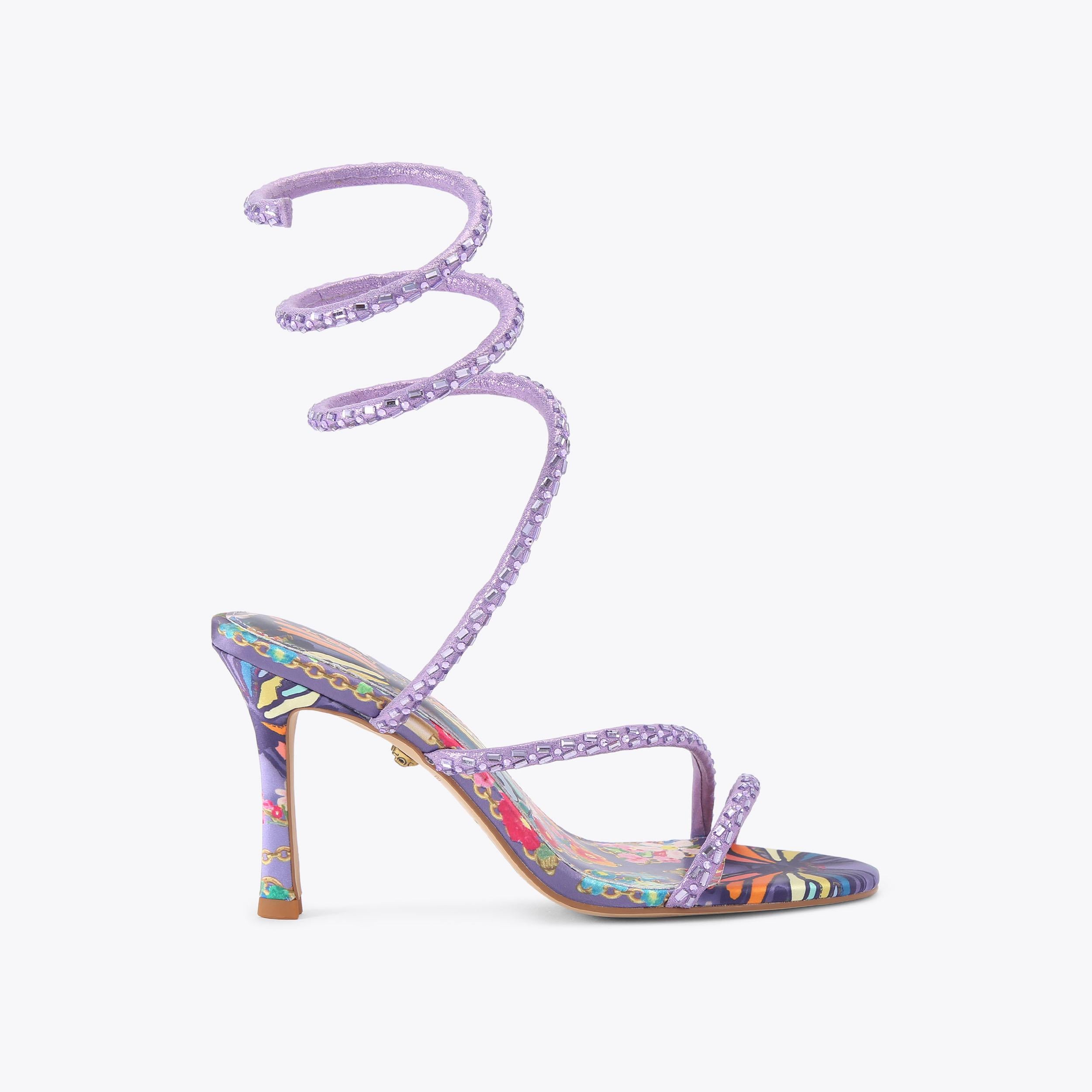 Spiral Asymmetric — Lilac Butterfly Print Sandal, side profile
