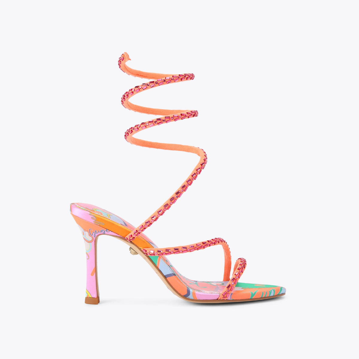 Spiral Asymmetric — Orange Combination Satin Sandal, side profile