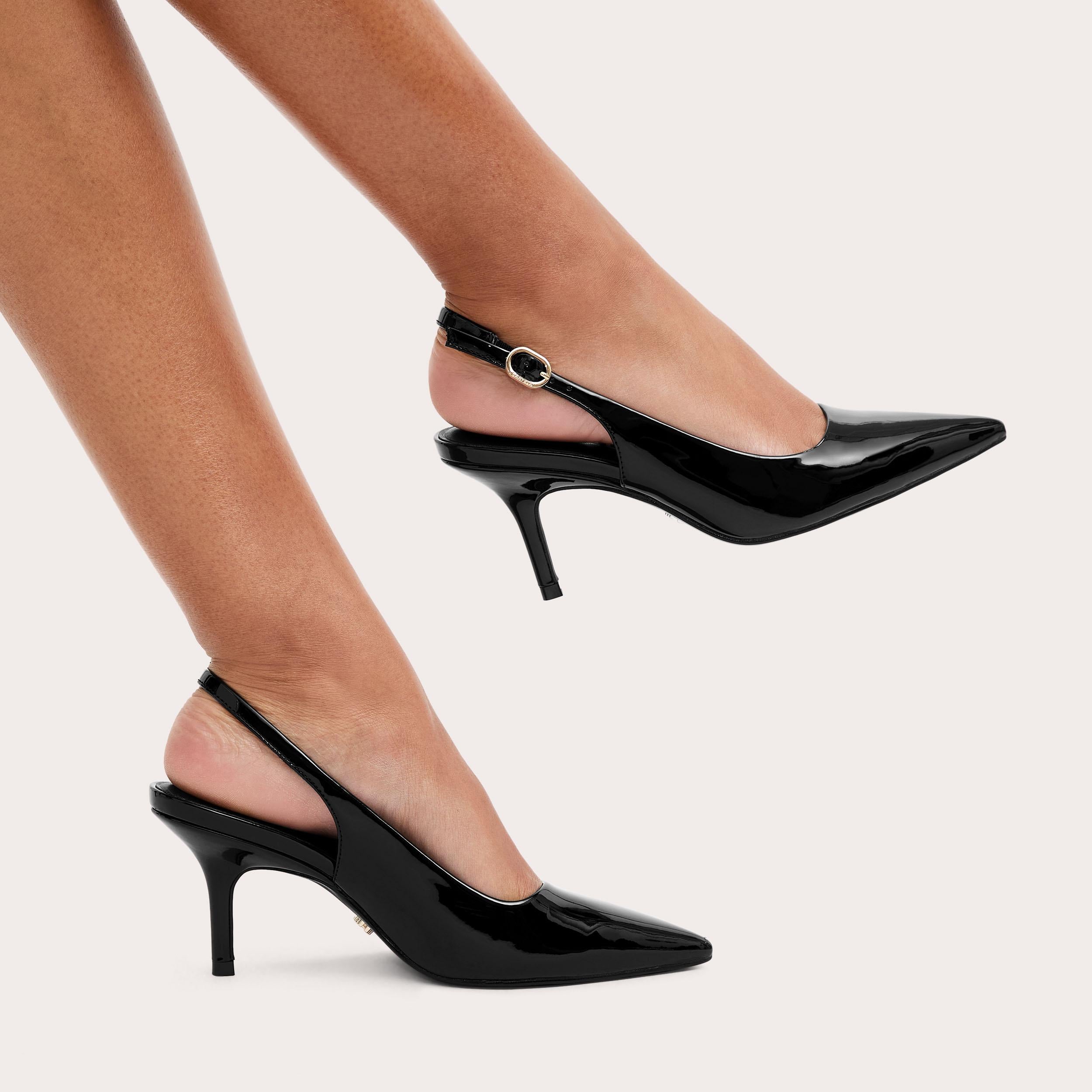 Spirit Slingback — Black Patent Stiletto Heel, worn on foot