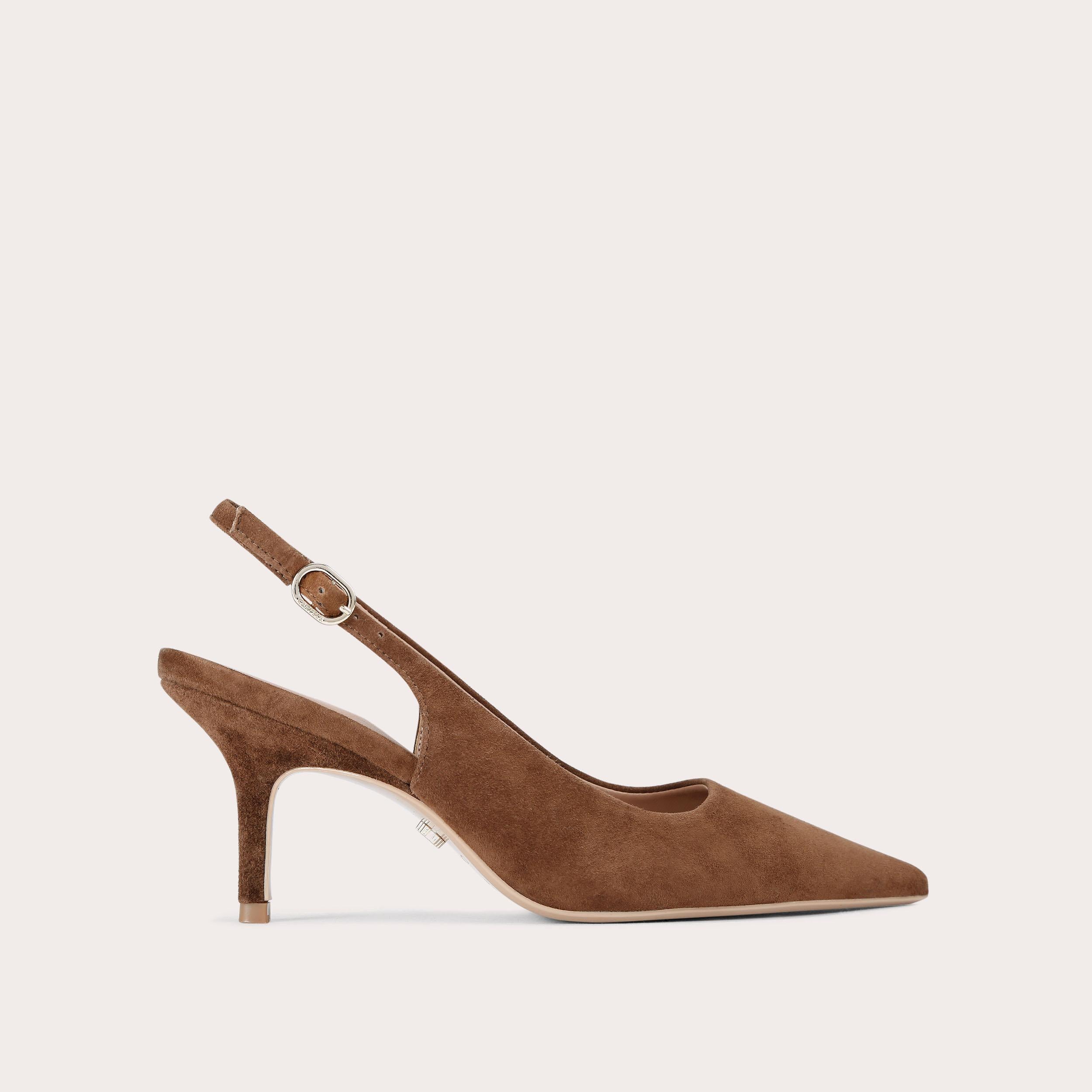 Spirited Heel — Brown Suede Slingback Pump, side profile