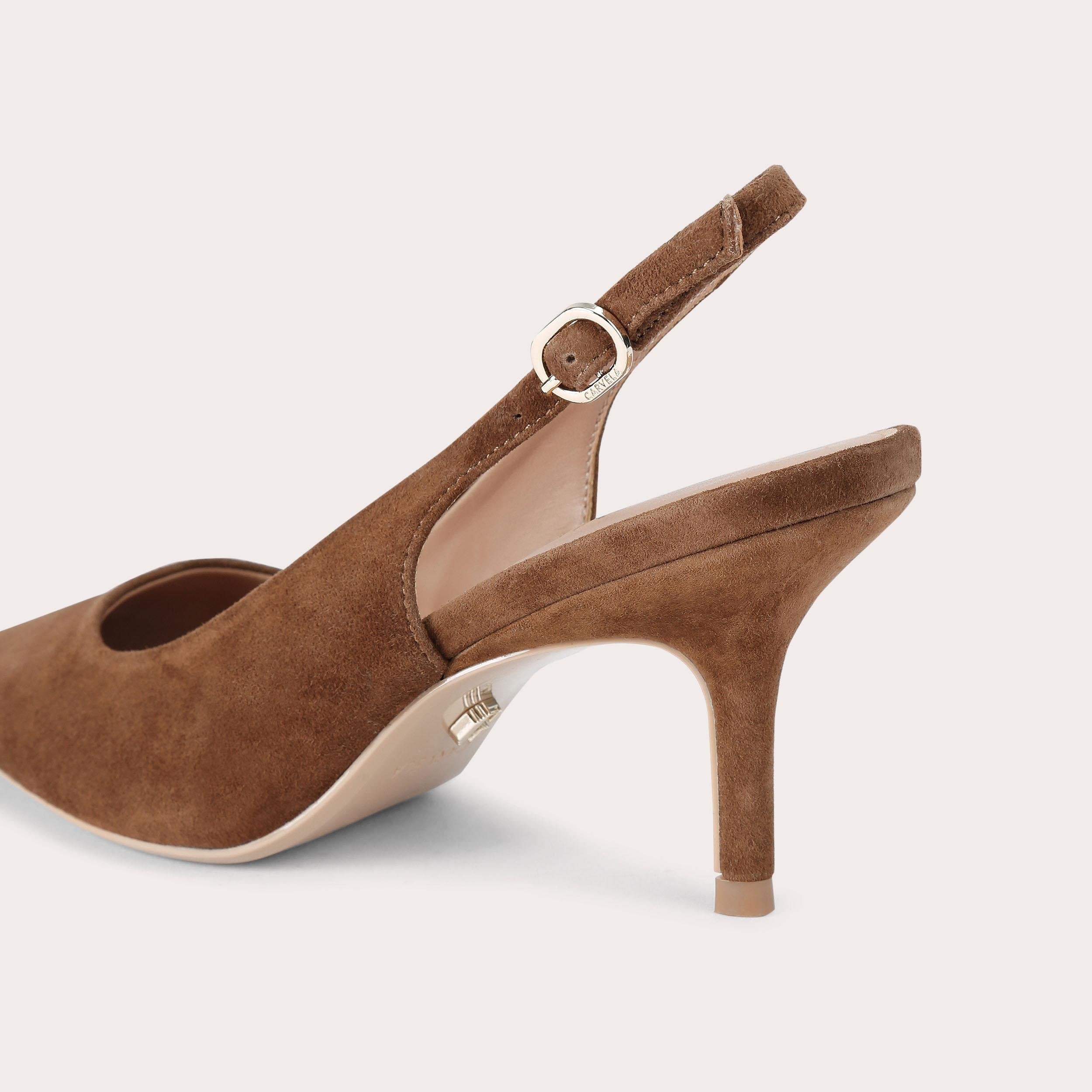 Spirited Heel — Brown Suede Slingback Pump, detail