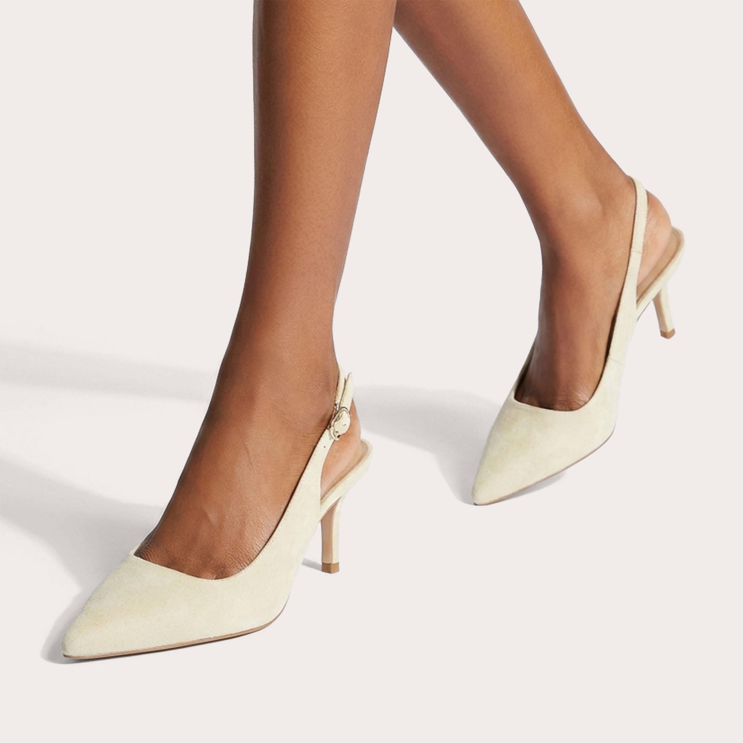 Spirited Heel — Yellow Suede Slingback Pump, worn on foot