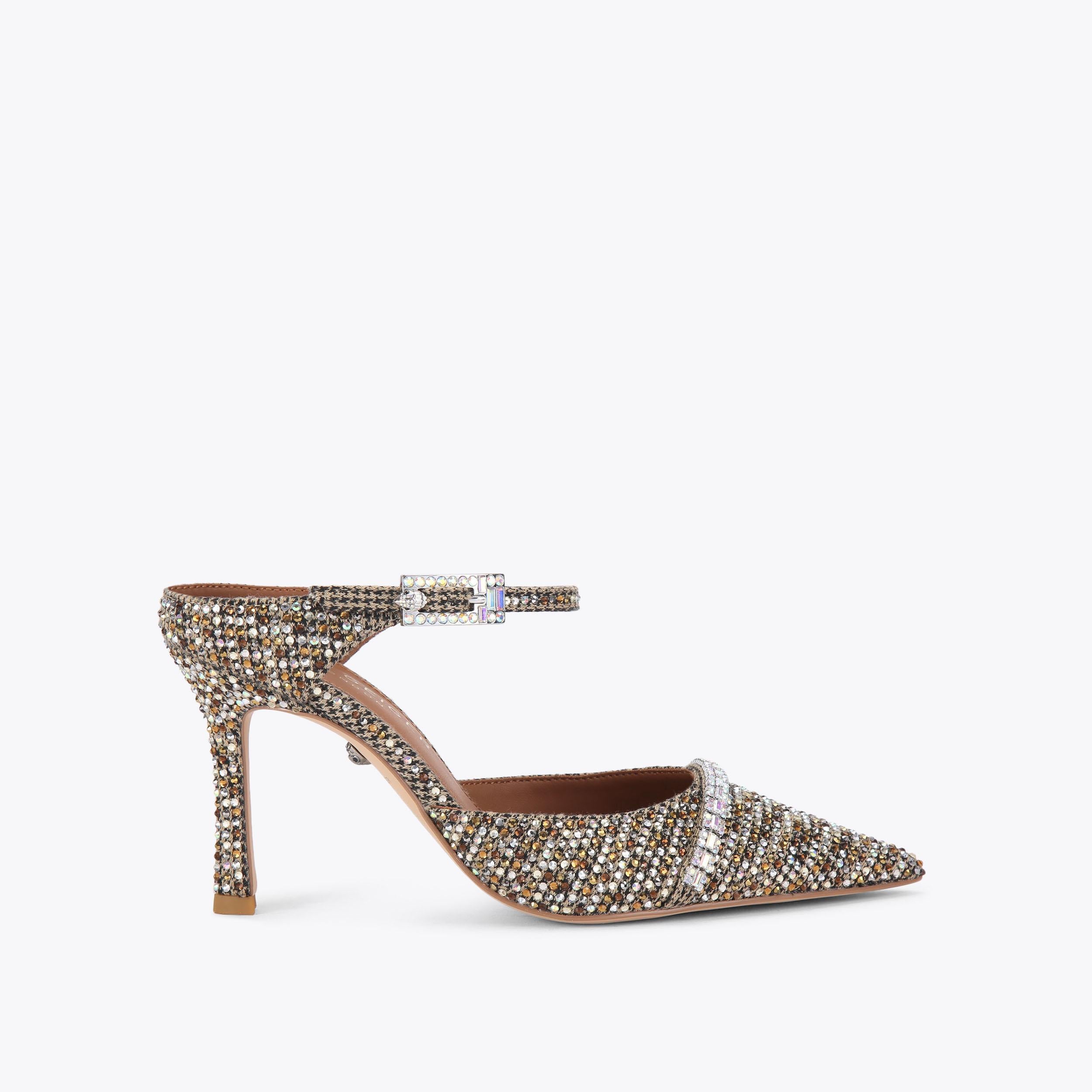 Strass Point Mule — Beige Houndstooth Crystal Heel, side profile