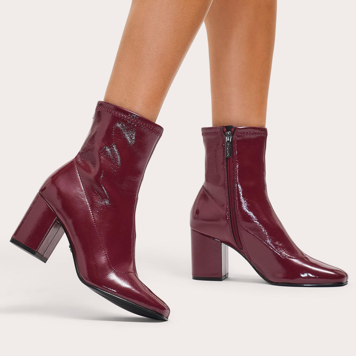Strut Ankle Boot — Red Patent Ankle Boot, worn on foot
