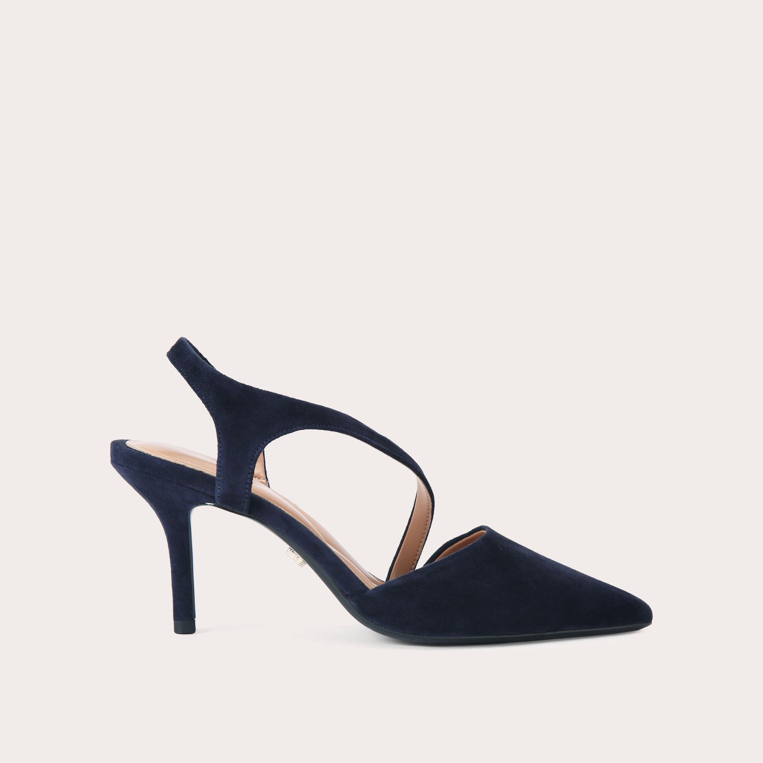 Symmetry Court — Navy Suede Heel, side profile