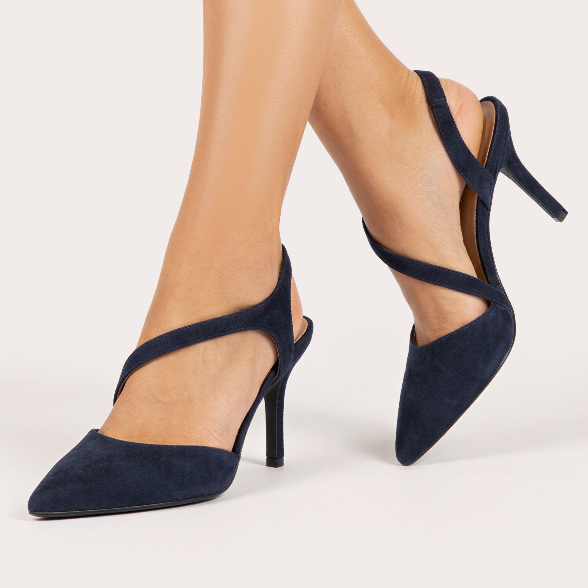 Symmetry Court — Navy Suede Heel, worn on foot
