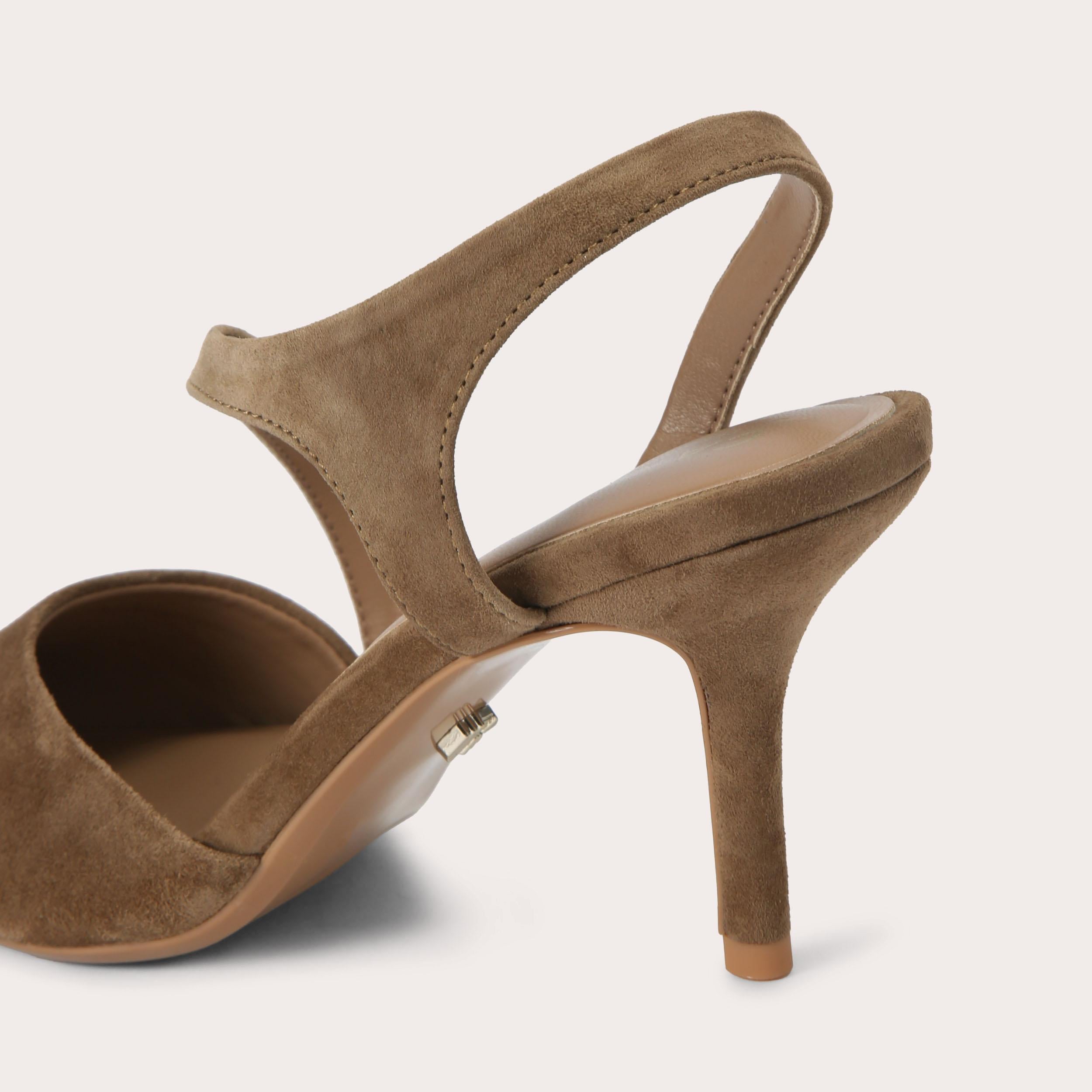Symmetry Court — Tan Suede Court Heel, detail