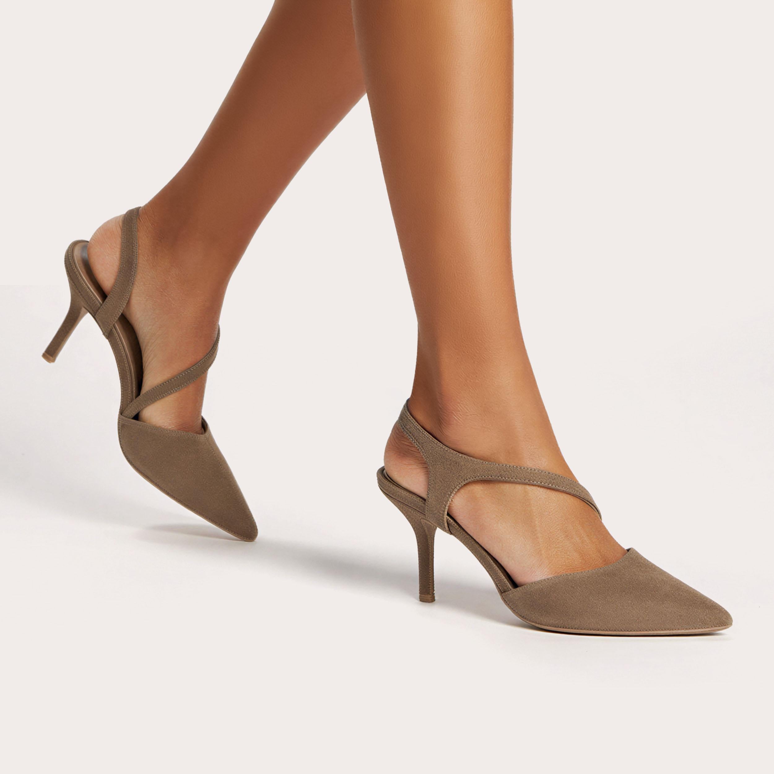 Symmetry Court — Tan Suede Court Heel, worn on foot