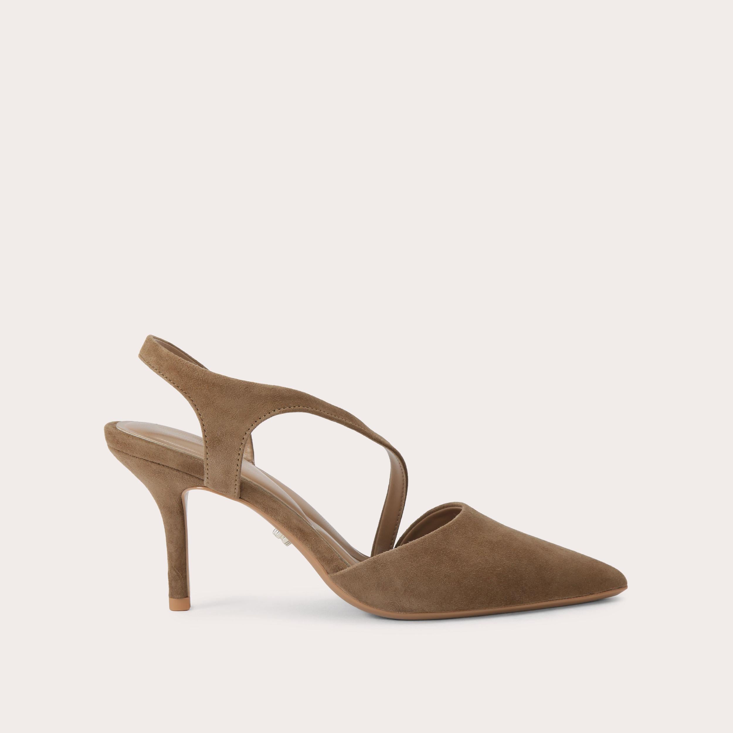 Symmetry Court — Tan Suede Court Heel, side profile