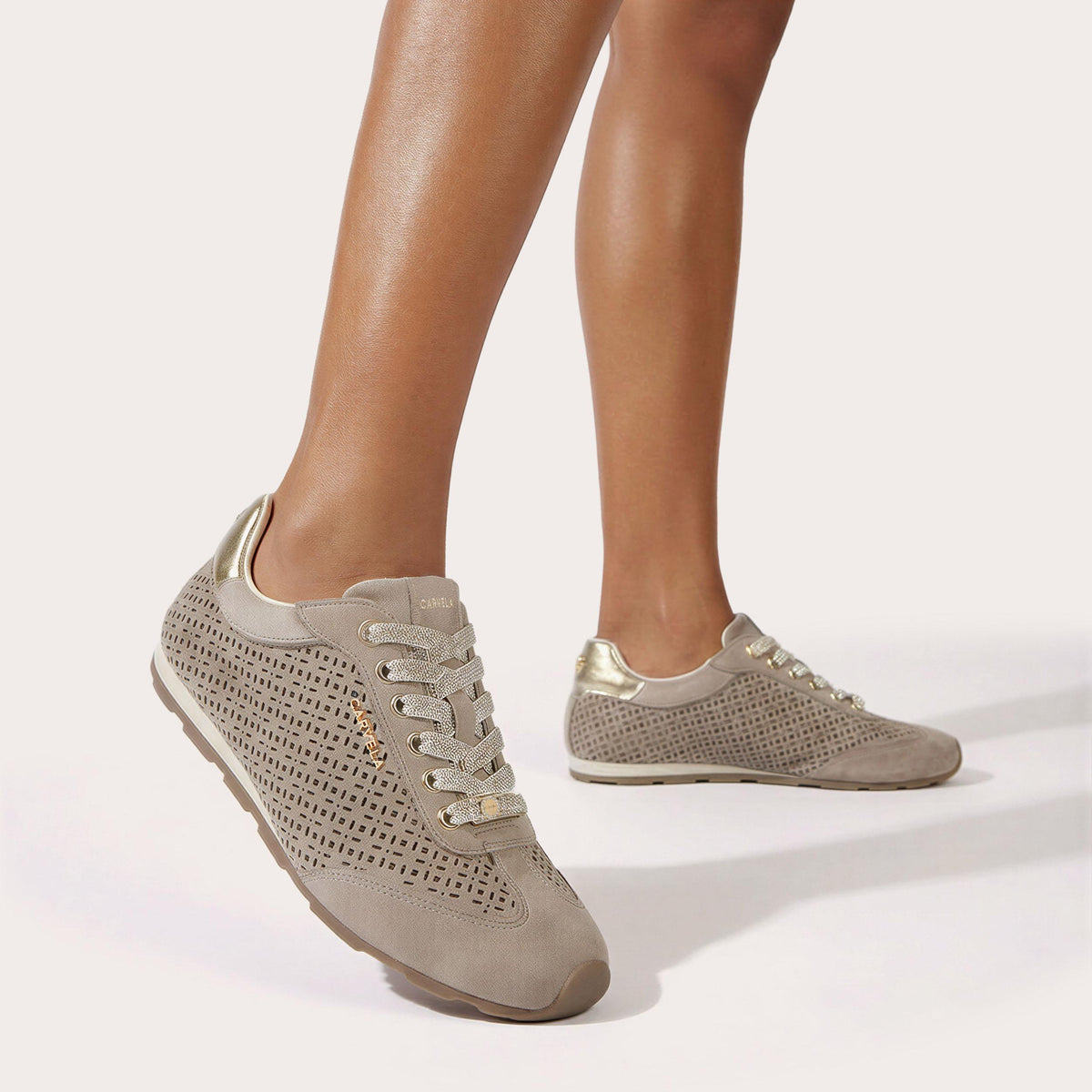 Tivoli Laser — Taupe Suede Trainer, worn on foot