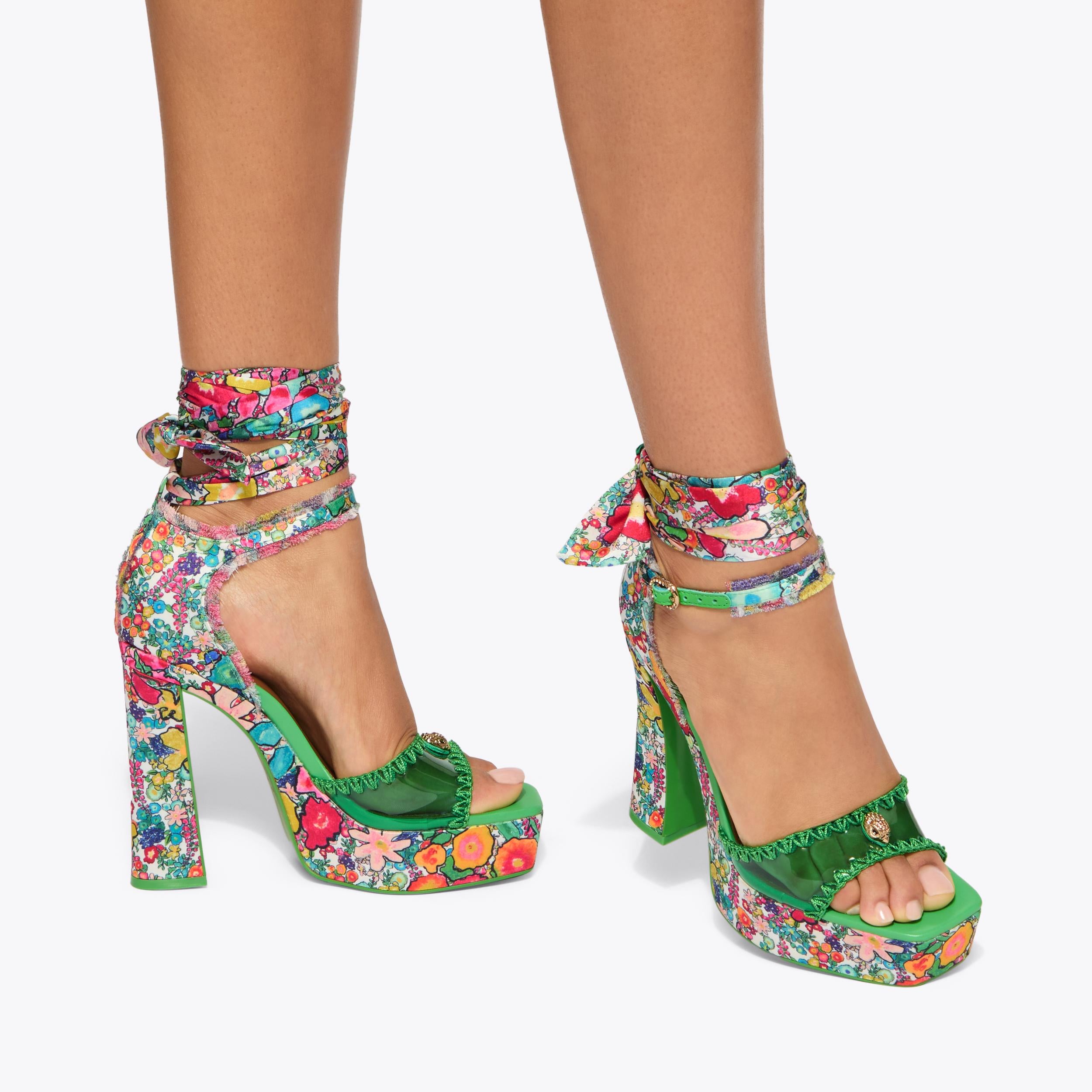 Vinyl Tie Platform — Multi Watercolour Print Sandal, worn on foot