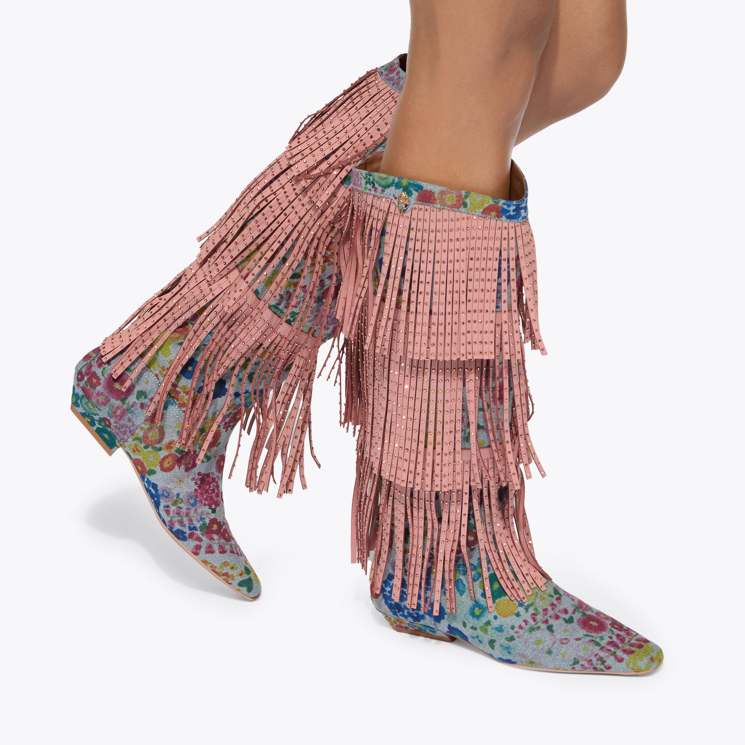 Western Fringe Pull On — Blue Pale Combination Boot, worn on foot