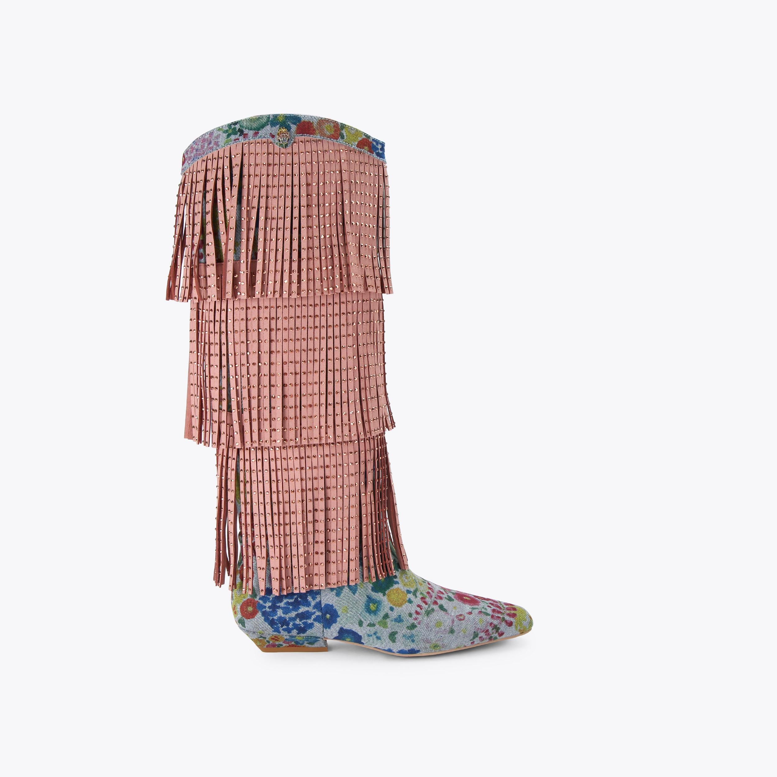 Western Fringe Pull On — Blue Pale Combination Boot, side profile